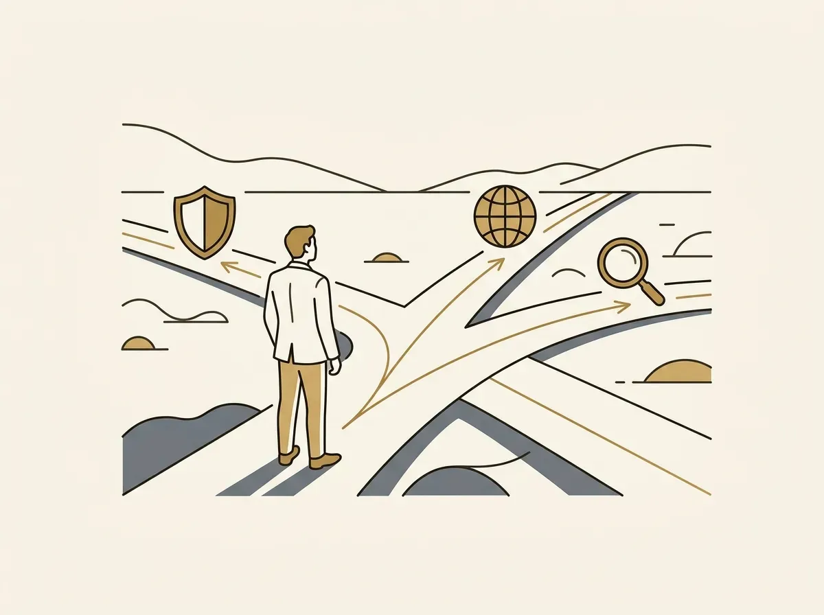A person at a crossroads, evaluating paths marked with icons for security, regulation, and transparency.