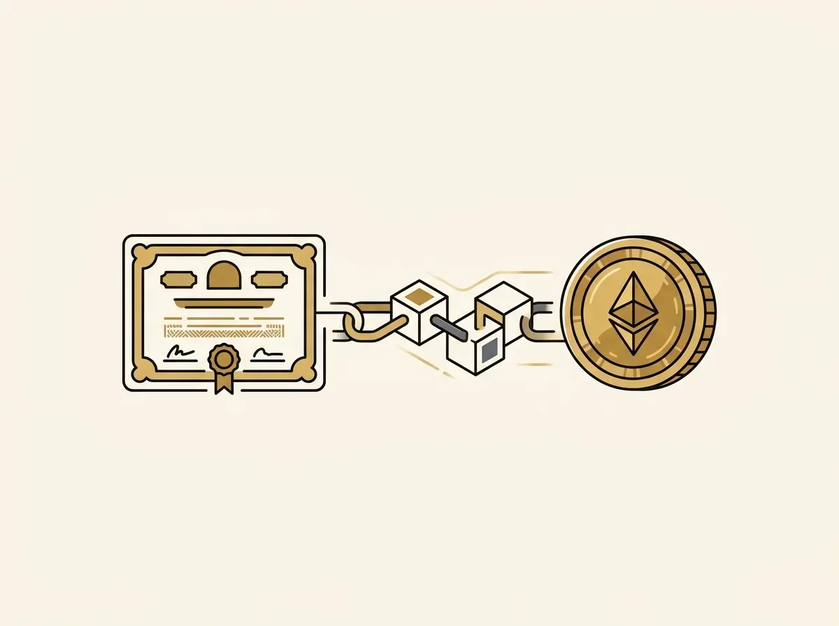 Digital token representing a physical stock certificate, connected by a blockchain link.