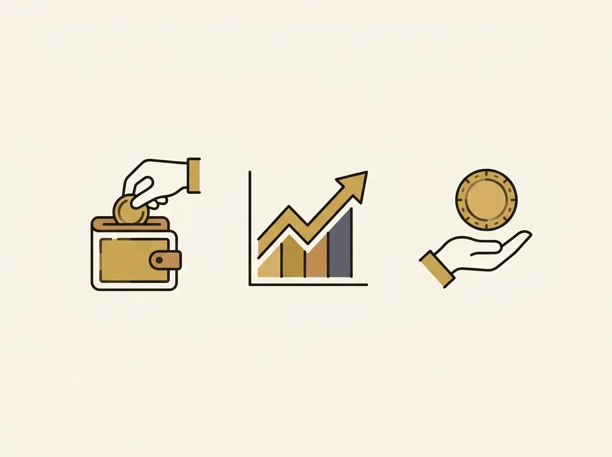 Three icons showing money depositing into a wallet, a stock chart, and a hand holding a digital token, representing the buying process.