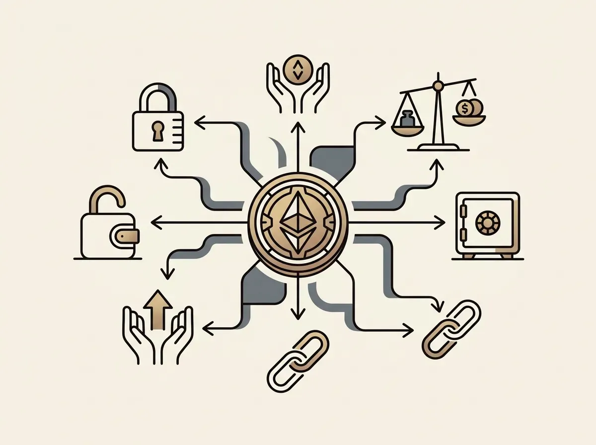 A digital token with lines connecting to icons for lending, liquidity, and earning yield, illustrating DeFi composability.
