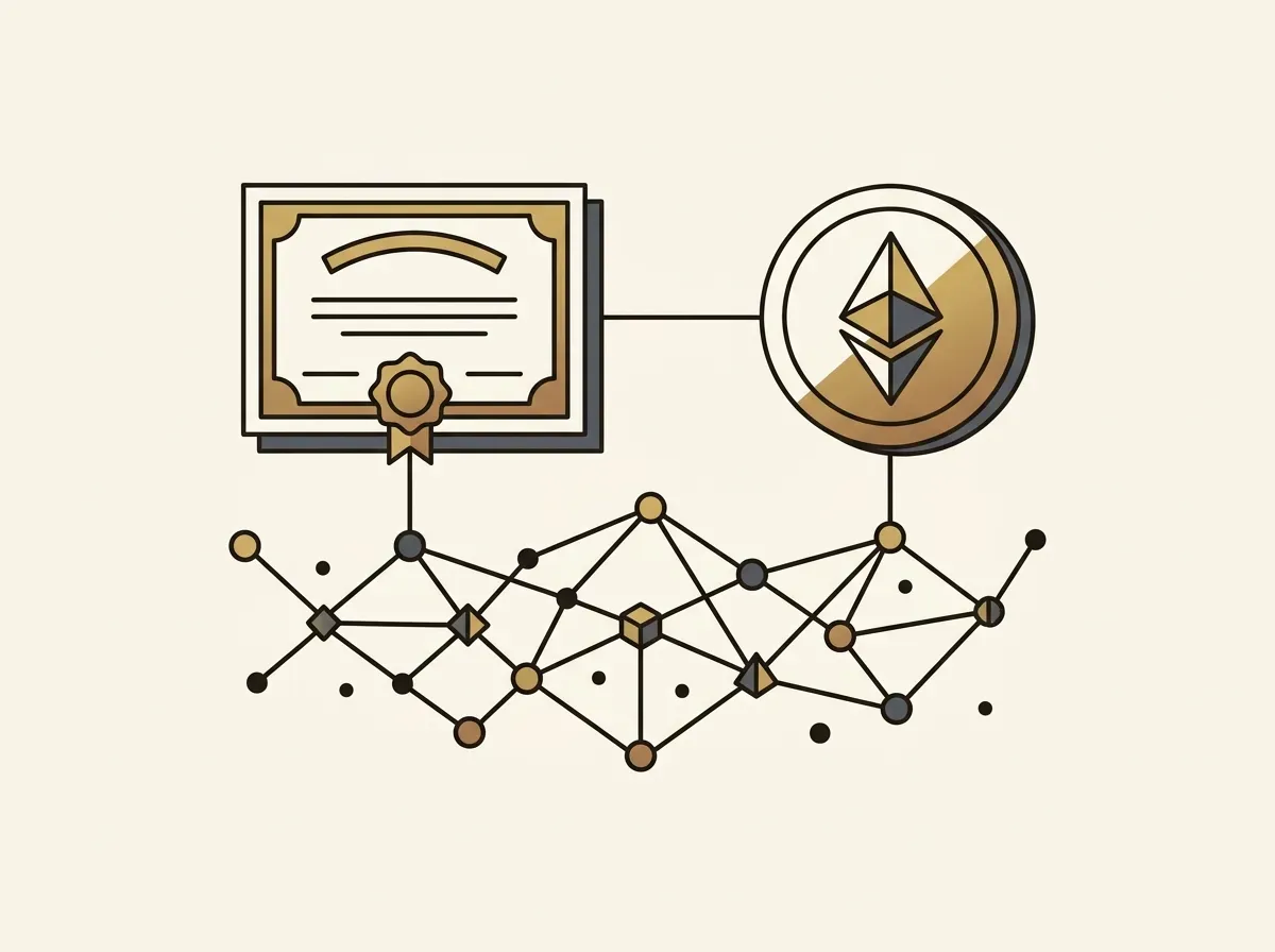 Illustration of a physical stock share connected to a digital token on a blockchain, representing tokenized stock.