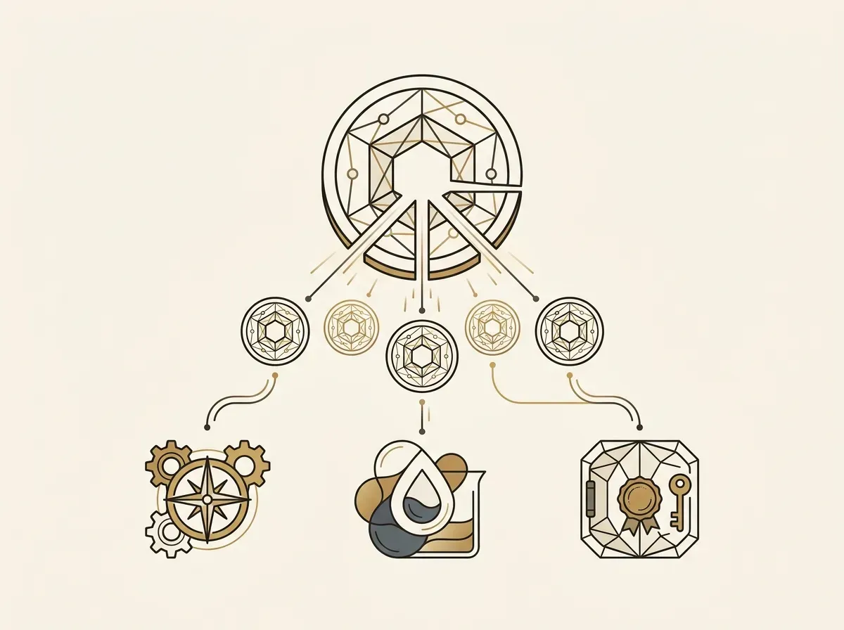 Illustration of a large digital token breaking into smaller tokens, which then connect to various DeFi protocol icons.