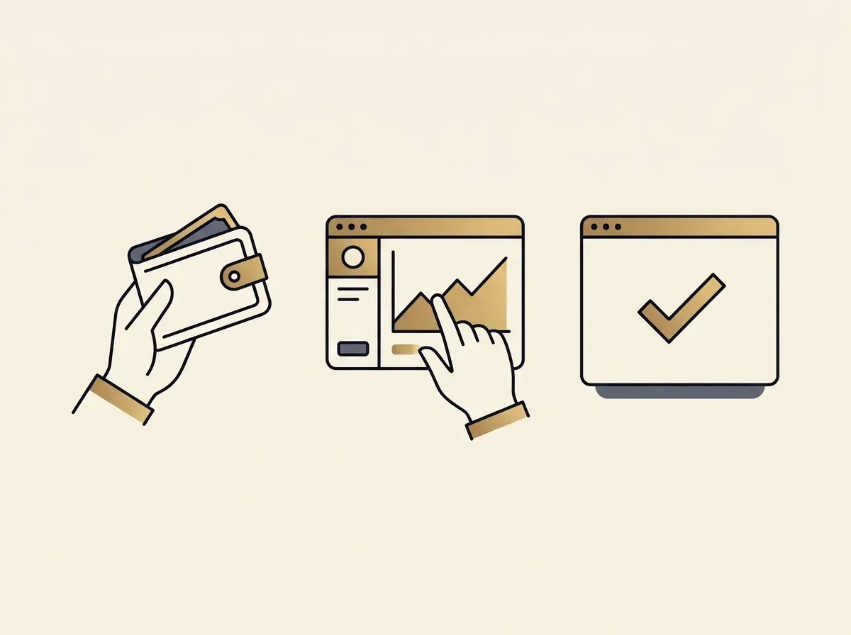 Three-panel illustration showing a hand connecting a wallet, interacting with a market, and confirming a trade.