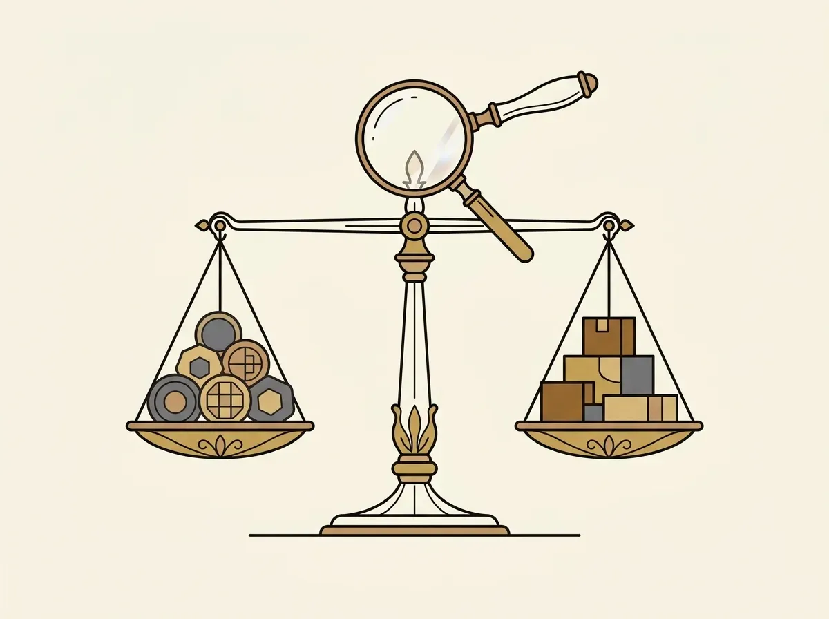 Illustration of a balanced scale with digital tokens on one side and physical assets on the other, representing proof of reserves.
