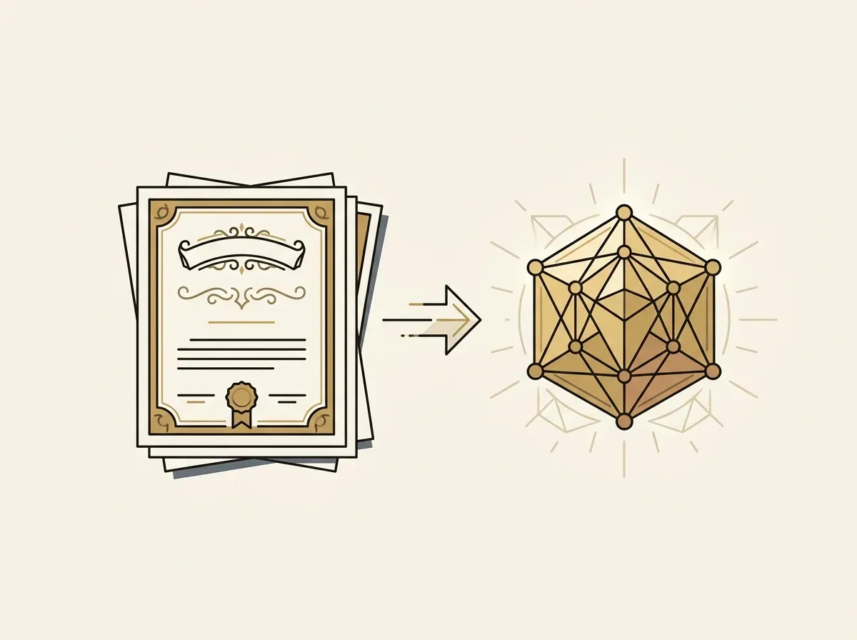 Illustration of a traditional stock certificate transforming into a digital blockchain token.