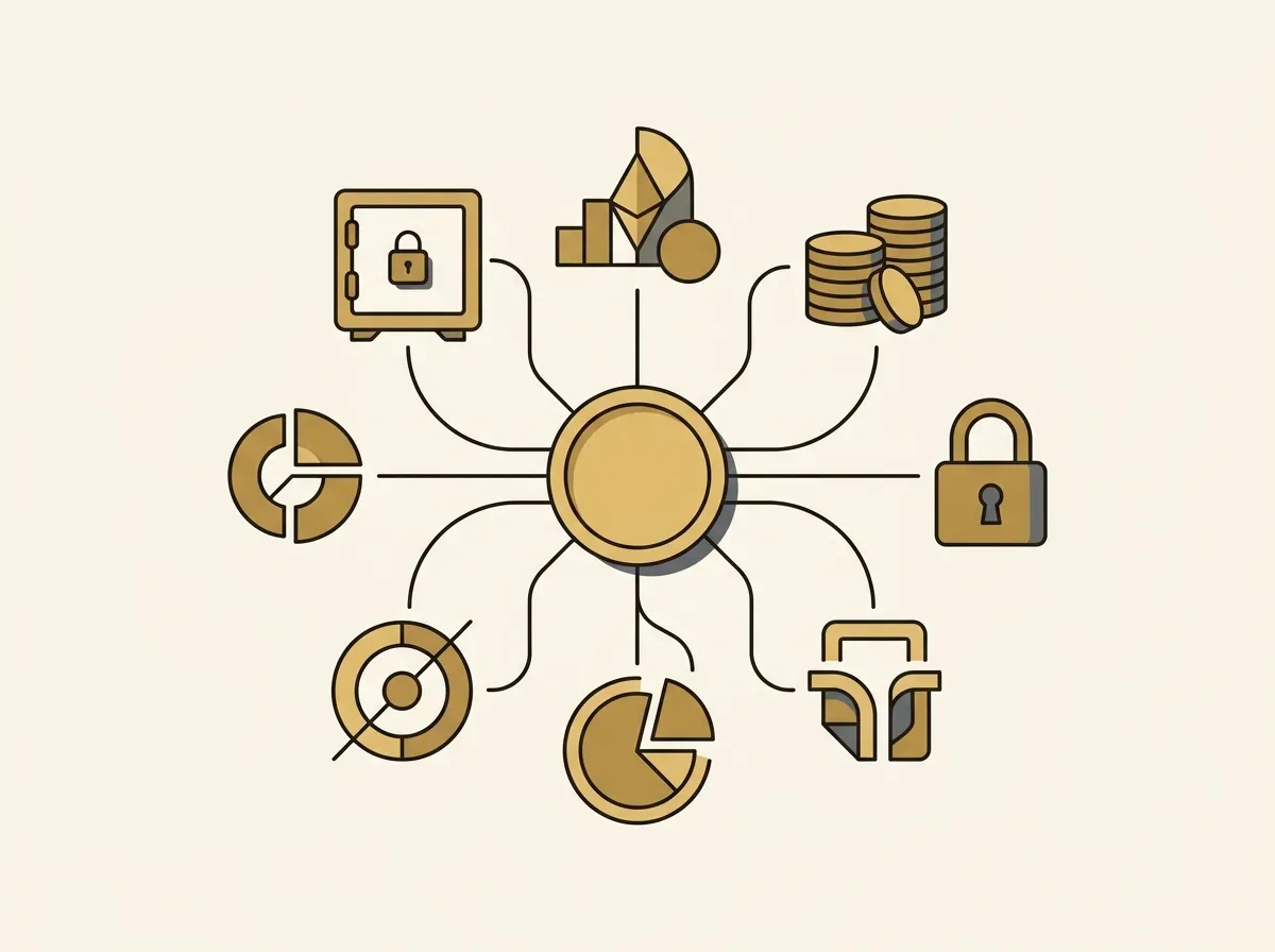 Illustration of a digital token connecting to various DeFi applications like lending, liquidity, and collateral.