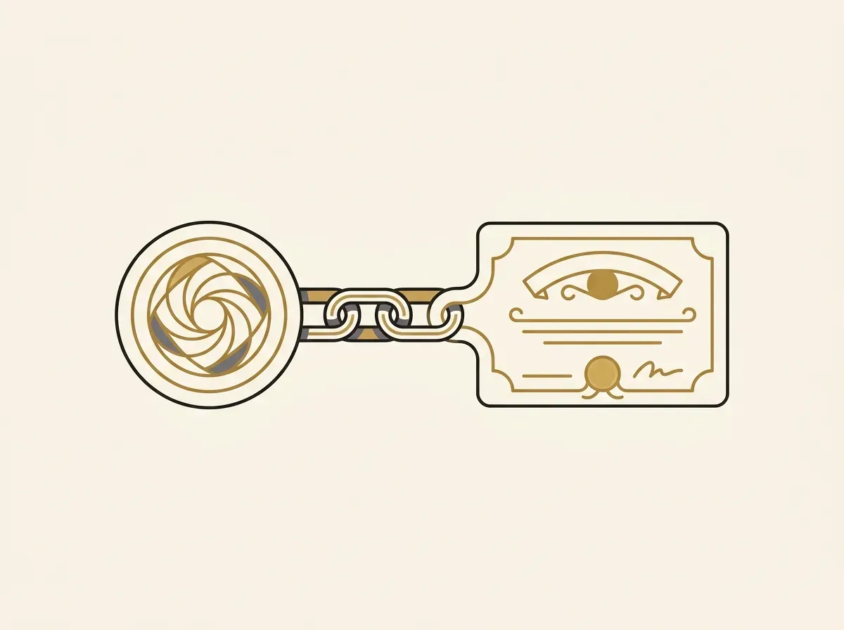 Line art showing a digital token connected to a stock certificate by a blockchain, symbolizing tokenized stocks.