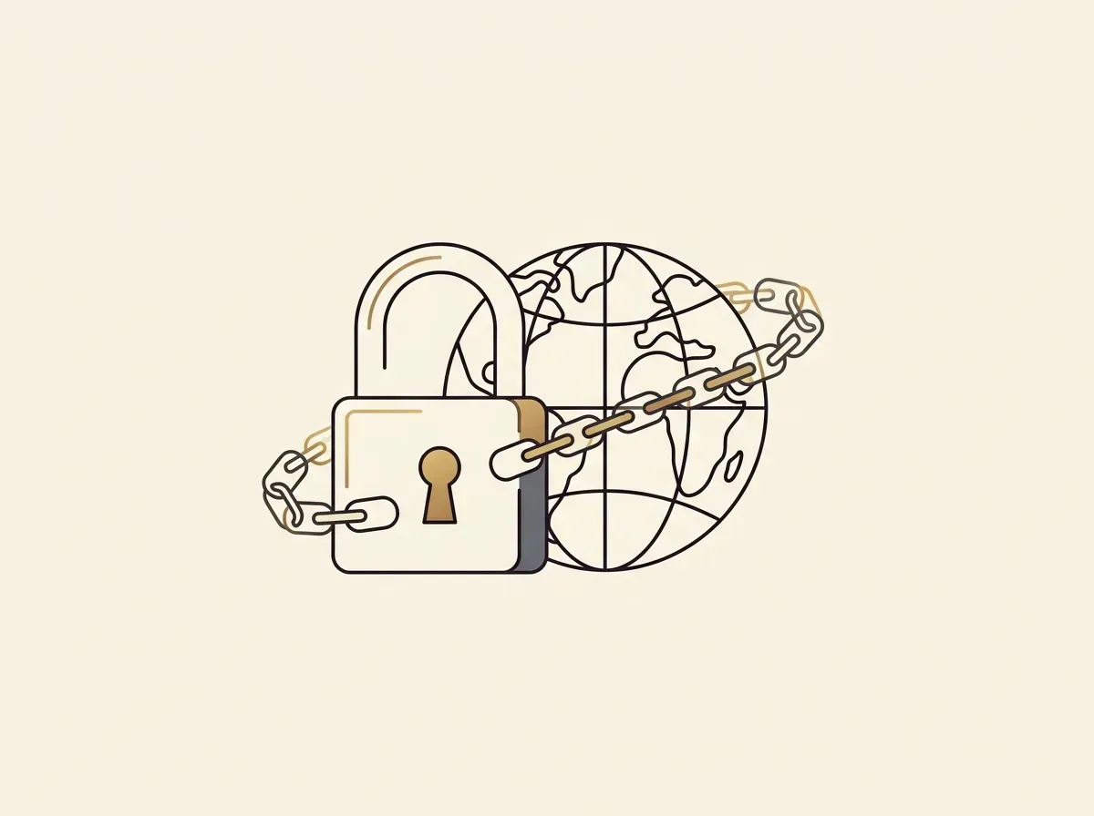 Line art of an open padlock and a globe connected by a blockchain, representing secure global access.