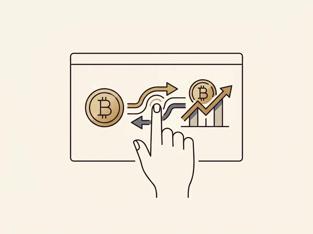 Line art of a hand on a screen, showing a crypto coin transforming into a stock graph, representing a trade.