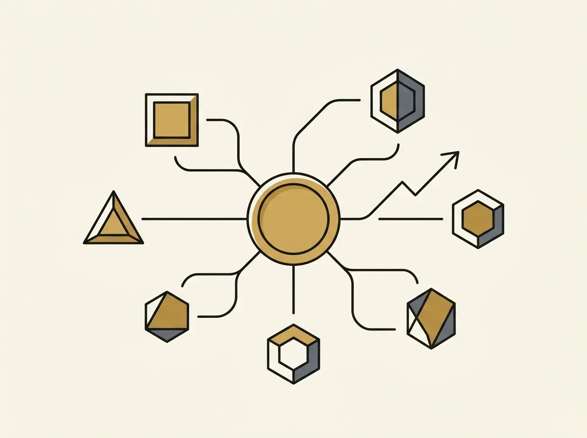 Line art of a digital token branching out to connect with various abstract DeFi protocol shapes, showing composability.