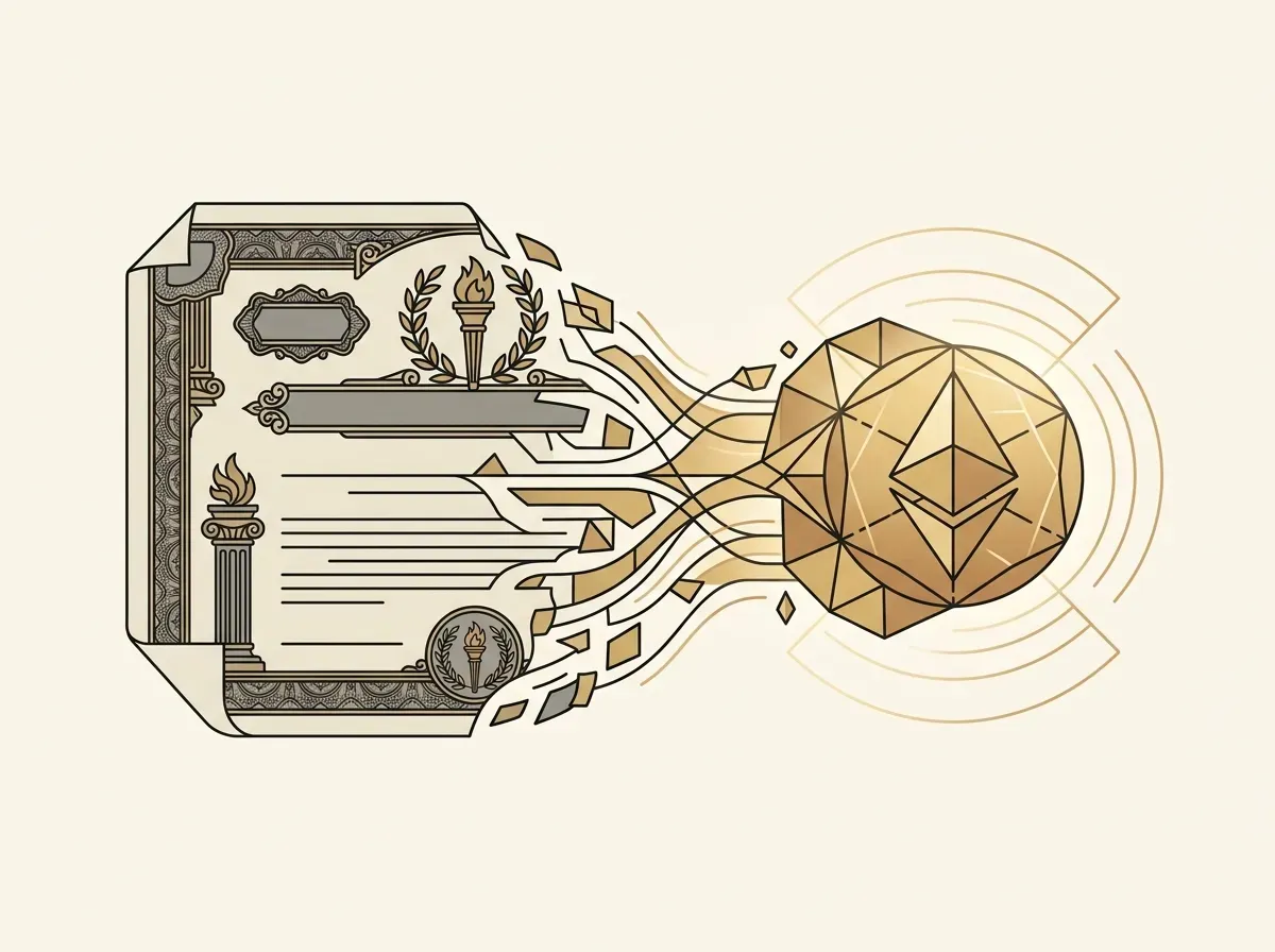 A stock certificate transforming into a digital token, representing tokenized stocks.