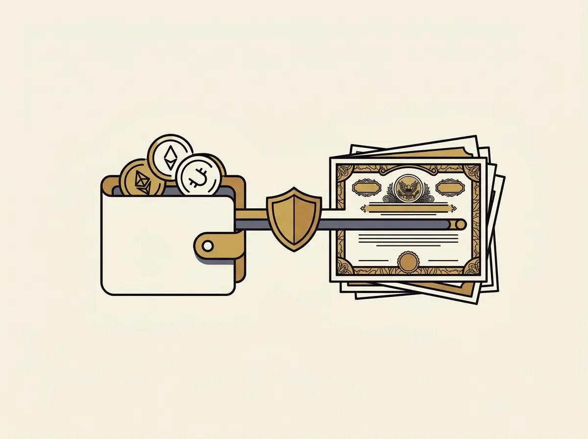 A digital wallet connected to physical stock certificates with a shield, symbolizing secure, 1:1 backed trading.