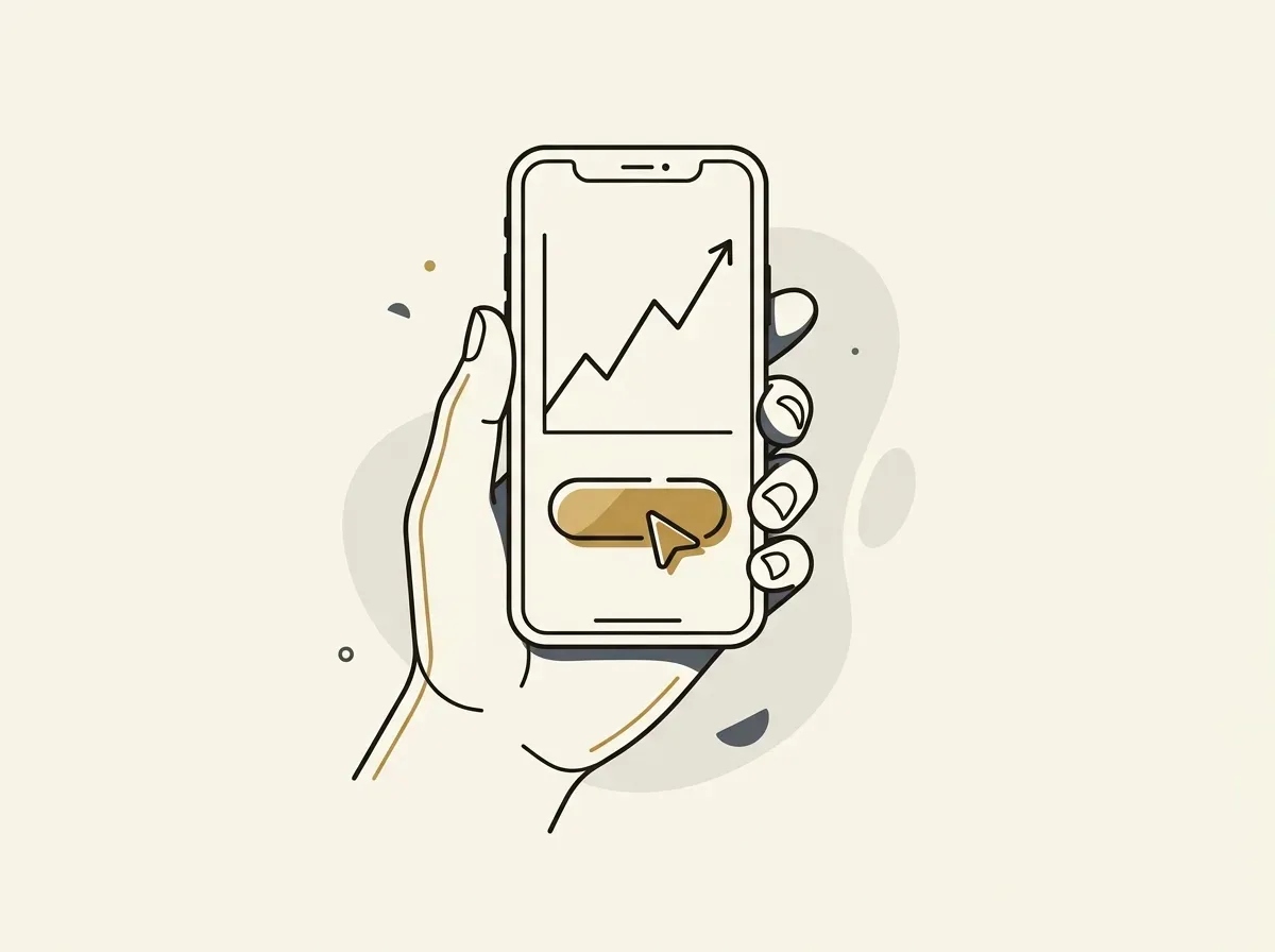 A hand holding a smartphone with a stock chart and buy button, illustrating the purchase process.