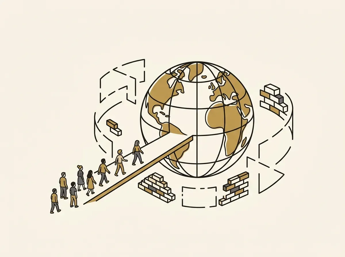 Line art of a globe with barriers, showing a path connecting diverse figures to it, symbolizing global access to equities.