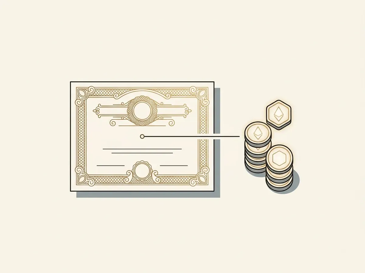 Line art showing a stock certificate transforming into multiple digital tokens, symbolizing tokenized fractional ownership.