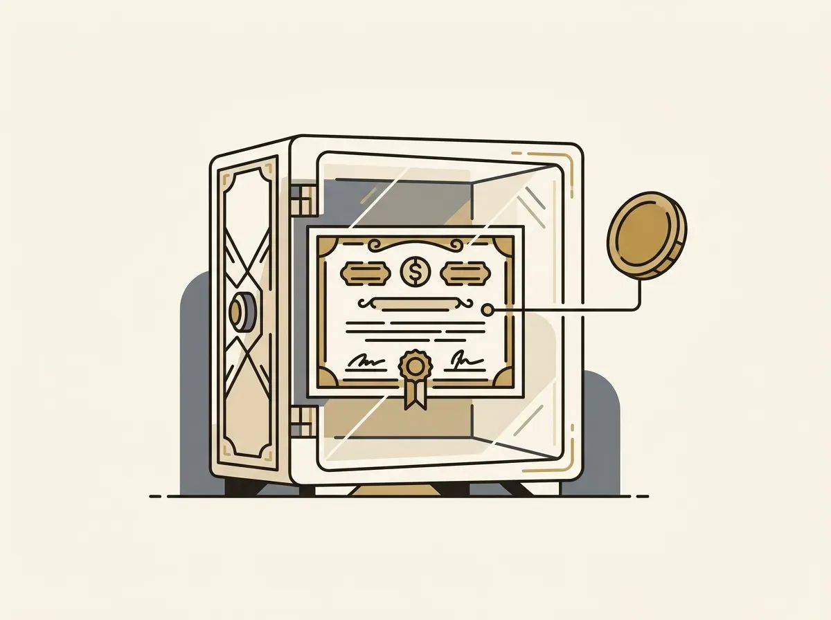 Line art of a transparent vault showing a stock certificate and a linked digital token, symbolizing secure 1:1 backing.