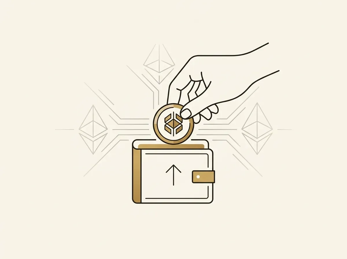 Line art of a hand depositing a crypto coin into a digital wallet, symbolizing crypto fund deposits.