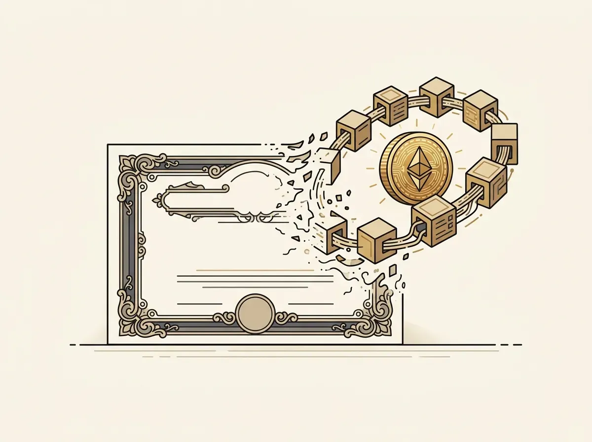 A traditional stock certificate transforming into a digital coin on a blockchain.