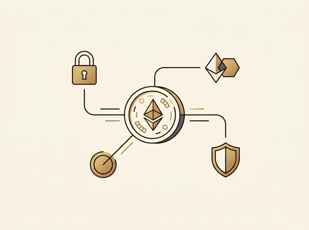 A digital coin connecting to various DeFi applications like lending, liquidity pools, and self-custody.