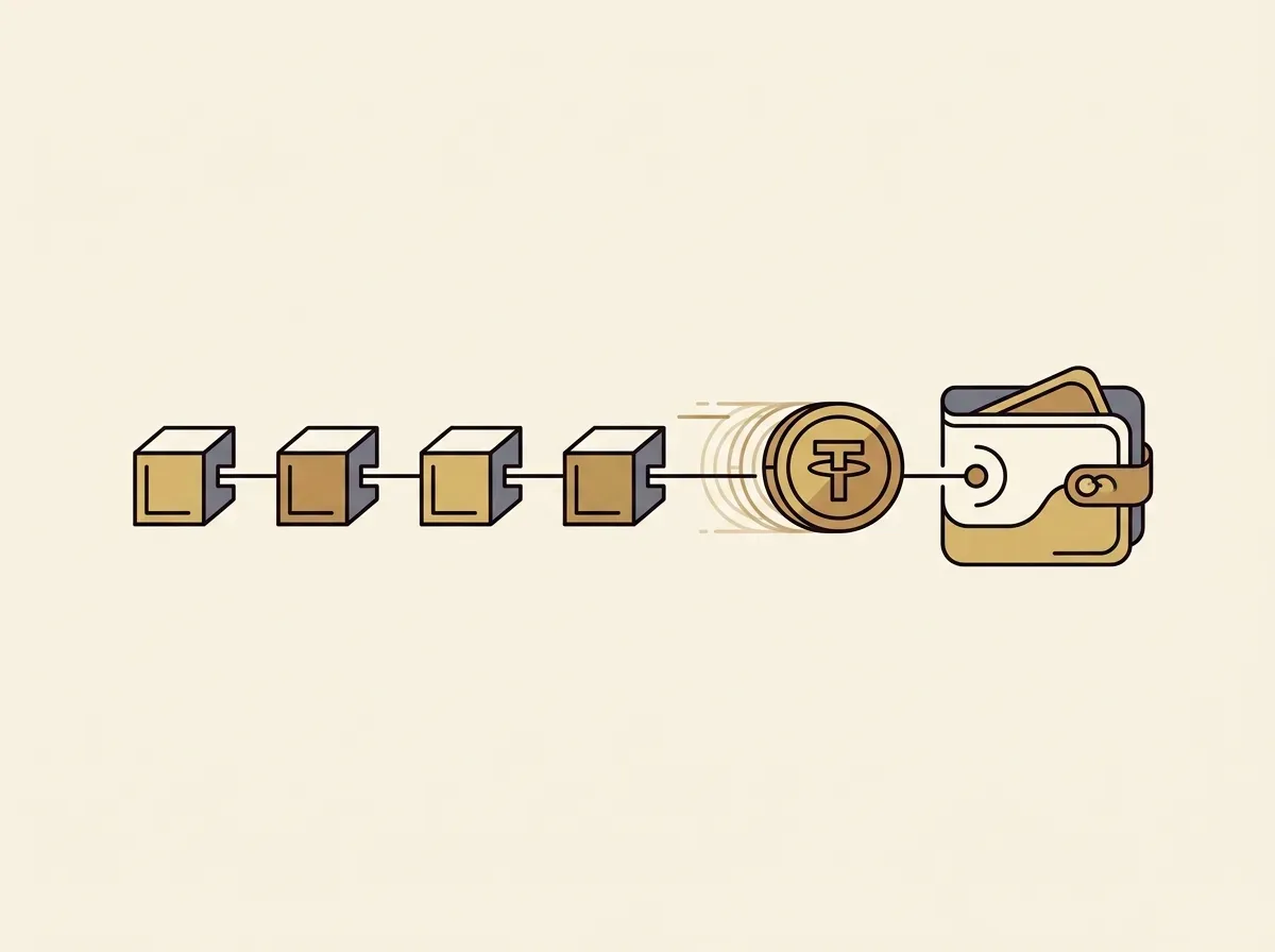 A digital coin traveling along a blockchain path and settling into a digital wallet.