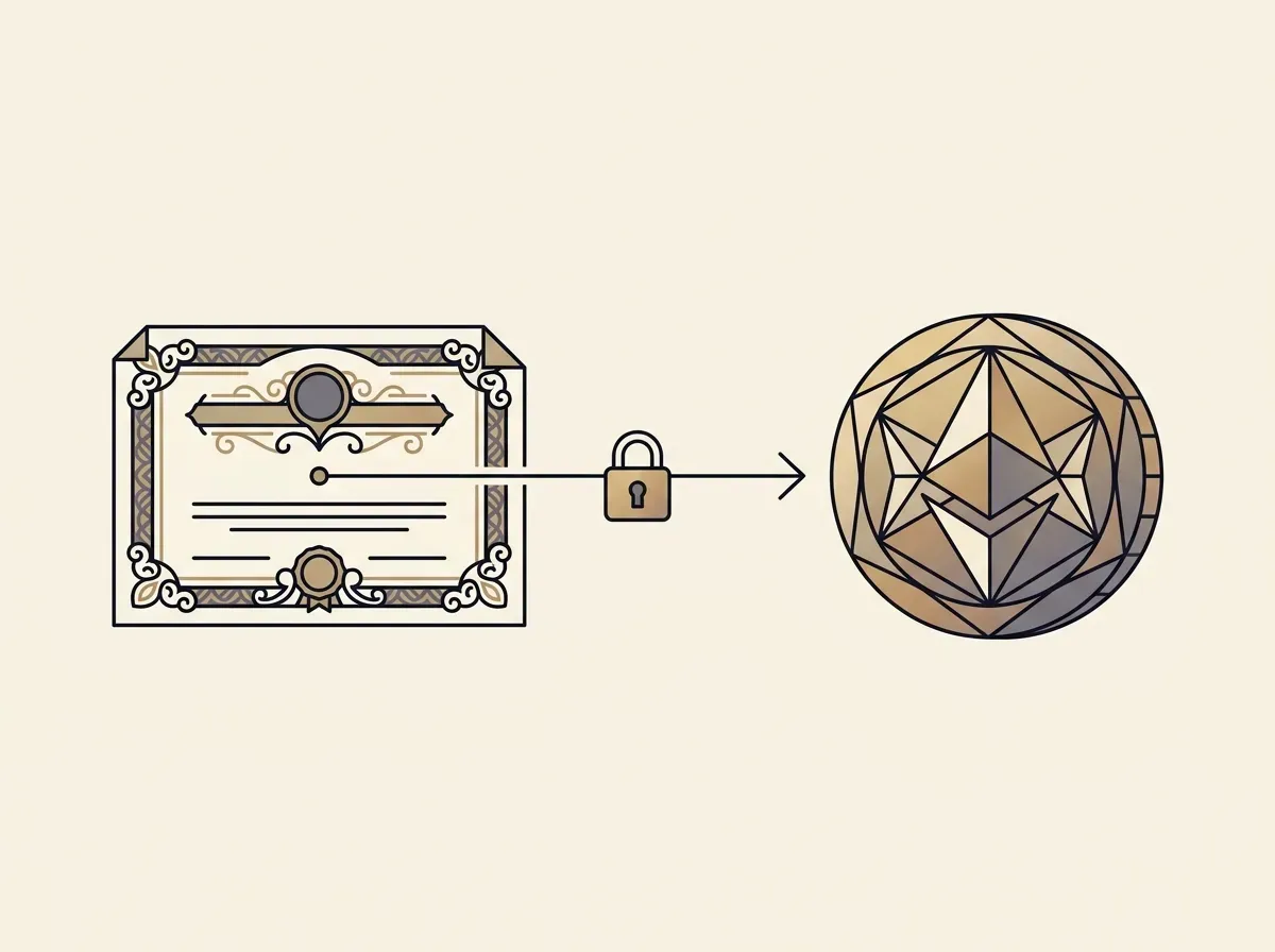 Line art showing a stock certificate linked to a digital token, representing tokenized stock.