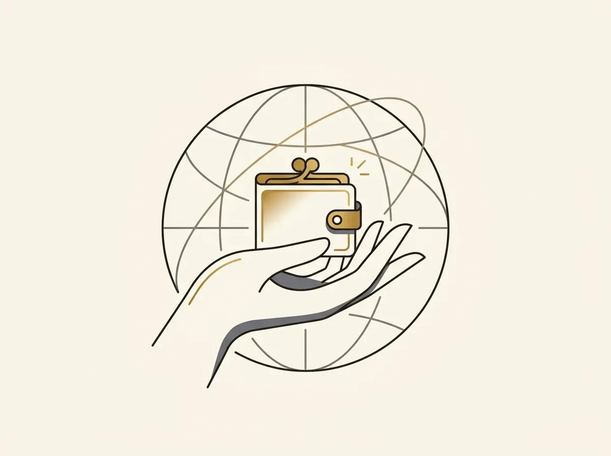 Line art of a hand holding a digital wallet with a globe, symbolizing self-custody and global access.