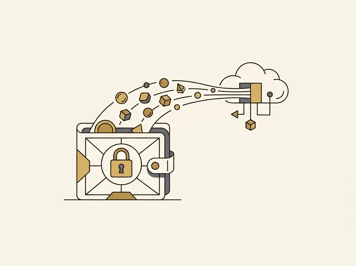 Line art showing digital tokens flowing into a wallet, representing the final step of a purchase.