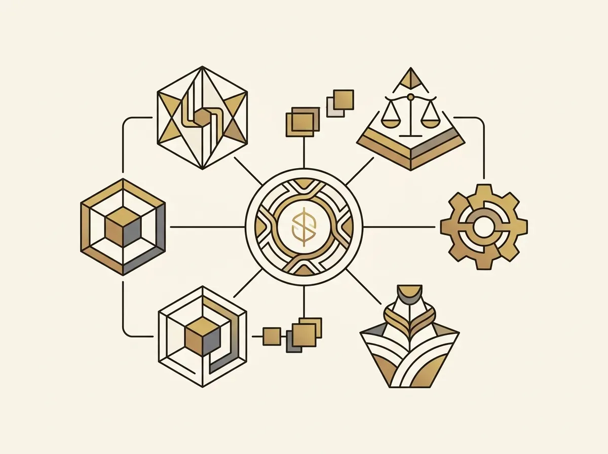 Line art of a central digital token connected to multiple abstract shapes, symbolizing DeFi composability.