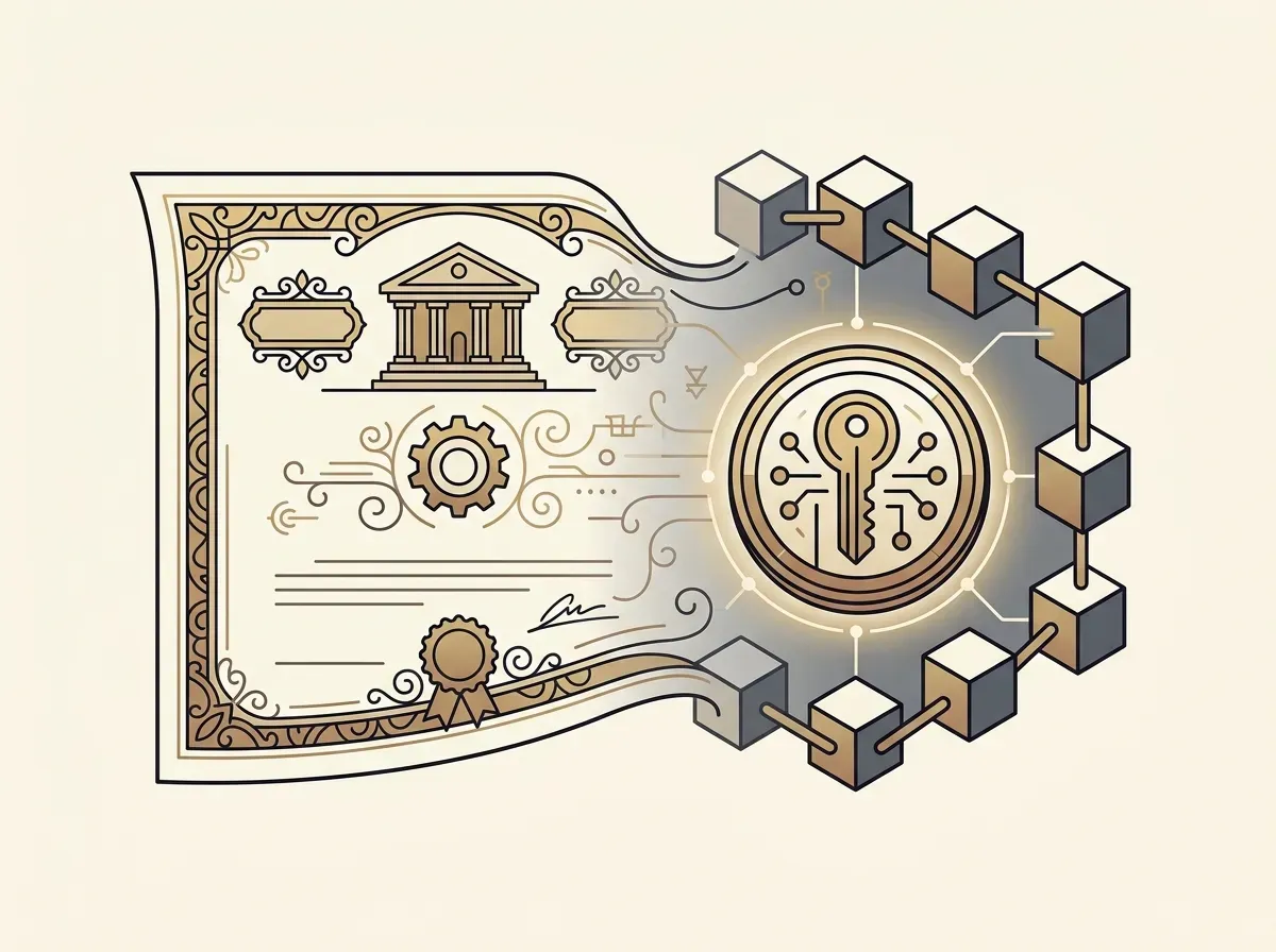 A physical stock certificate connected to a digital token, representing tokenized equity.