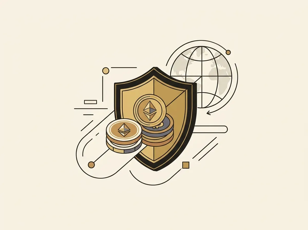 A shield protecting digital tokens, connected to a globe, symbolizing secure global access.