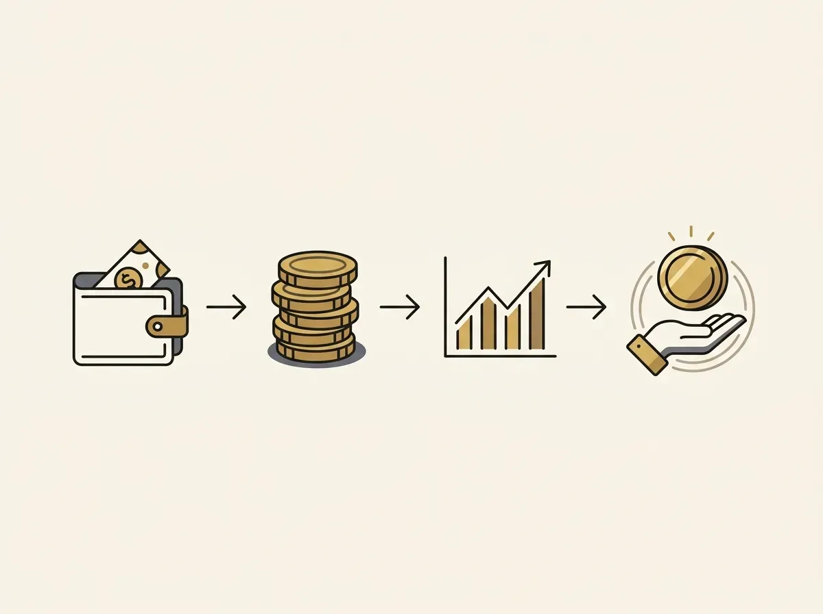 A visual flow of steps: connecting wallet, depositing funds, selecting stock, and receiving token.