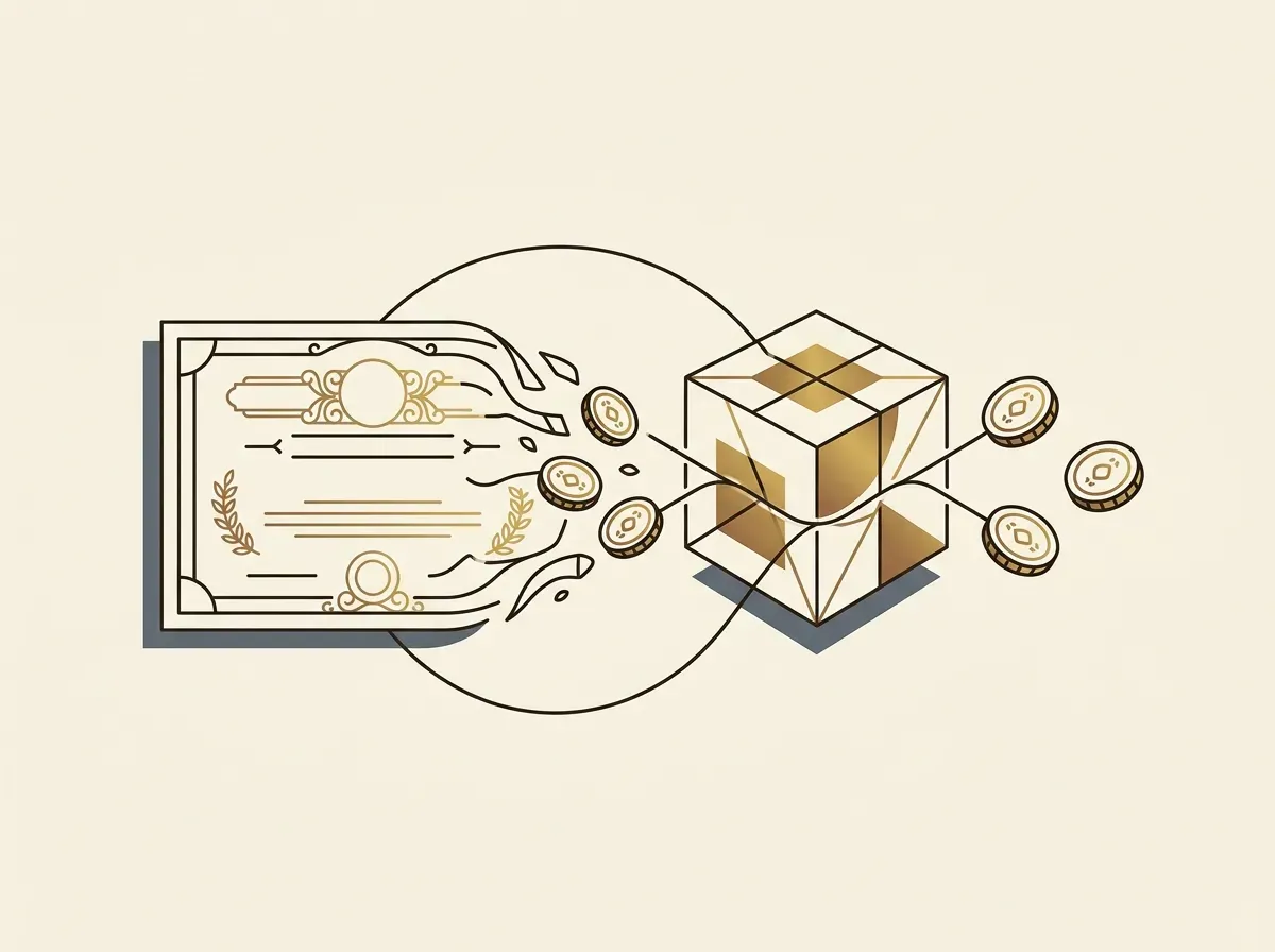Paper stock certificate transforming into digital tokens on a blockchain, symbolizing tokenization.