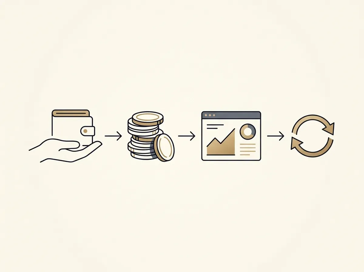 Visual sequence of connecting a wallet, depositing stablecoins, selecting an asset, and completing a trade.