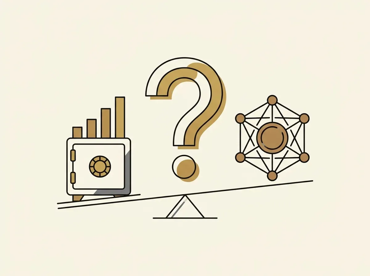 A question mark above traditional finance and blockchain symbols, representing FAQs about tokenized stocks.