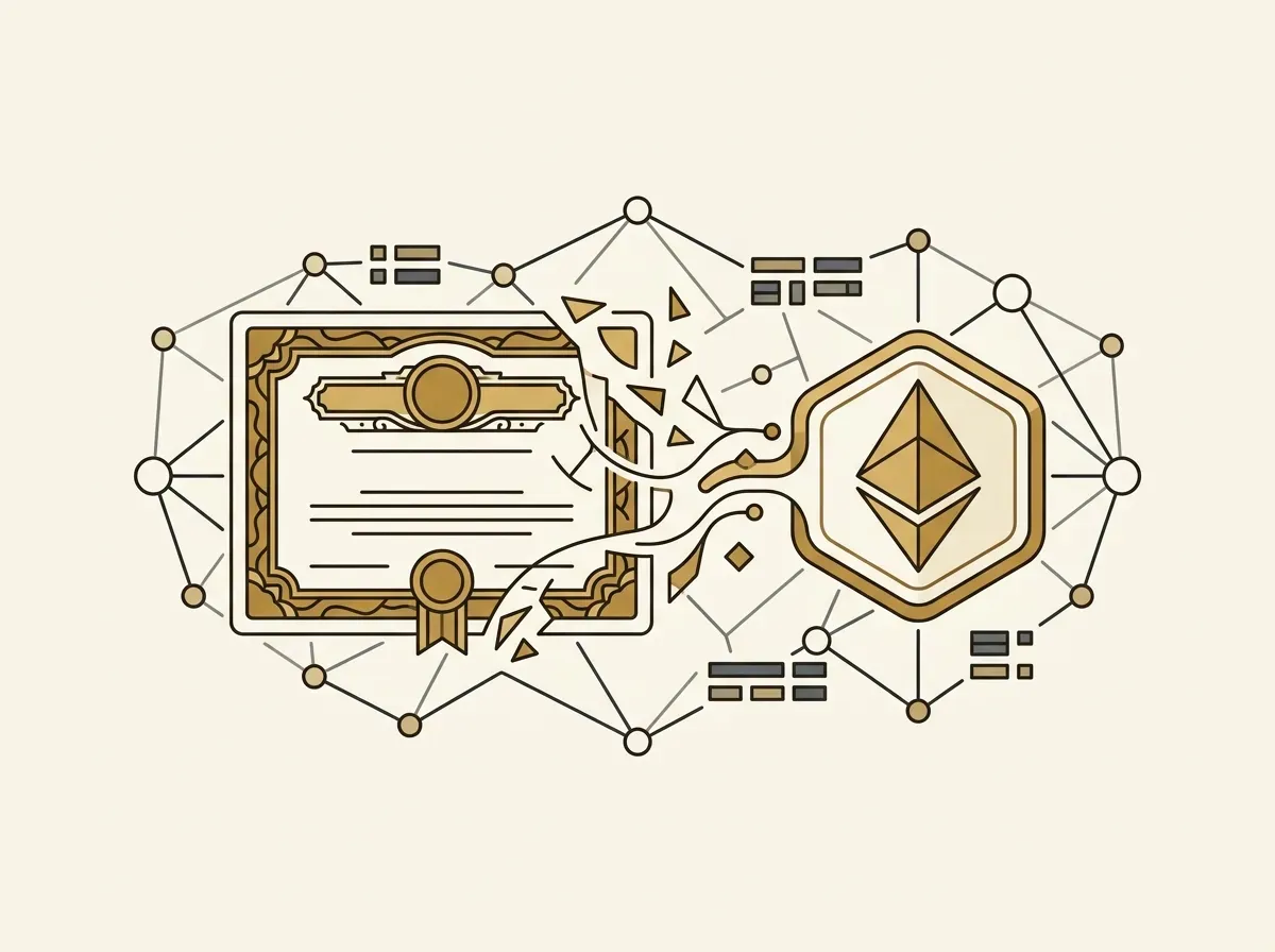 A stock certificate morphing into a digital token on a blockchain, symbolizing tokenized shares.