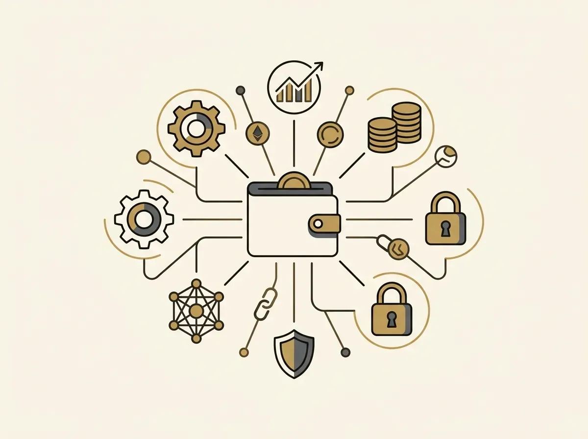 A digital wallet connected to various decentralized finance symbols, representing composability and security.