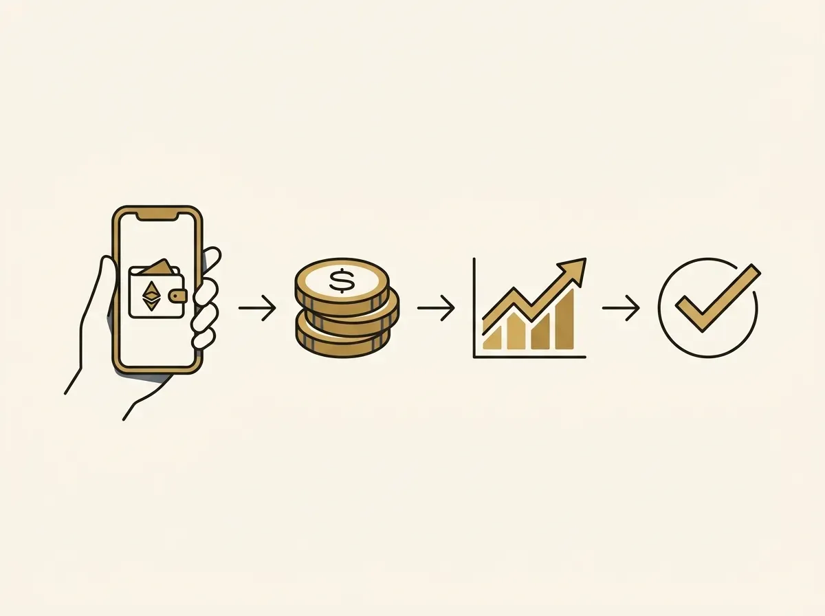 A sequence of icons: wallet, stablecoins, stock chart, and a checkmark, illustrating steps to buy tokenized stock.