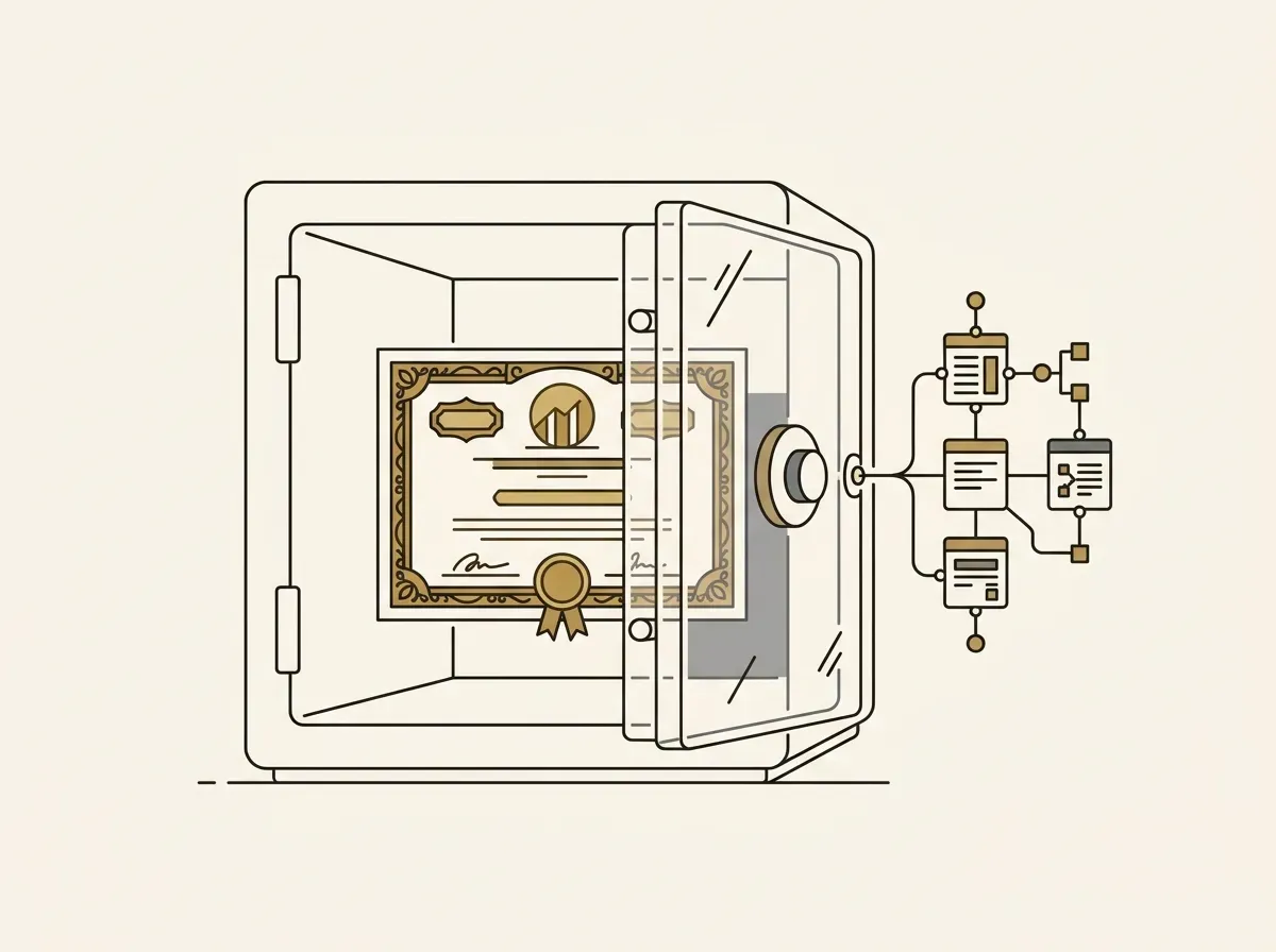 A secure vault containing a stock certificate, linked to a transparent blockchain ledger, representing custody and proof of reserves.