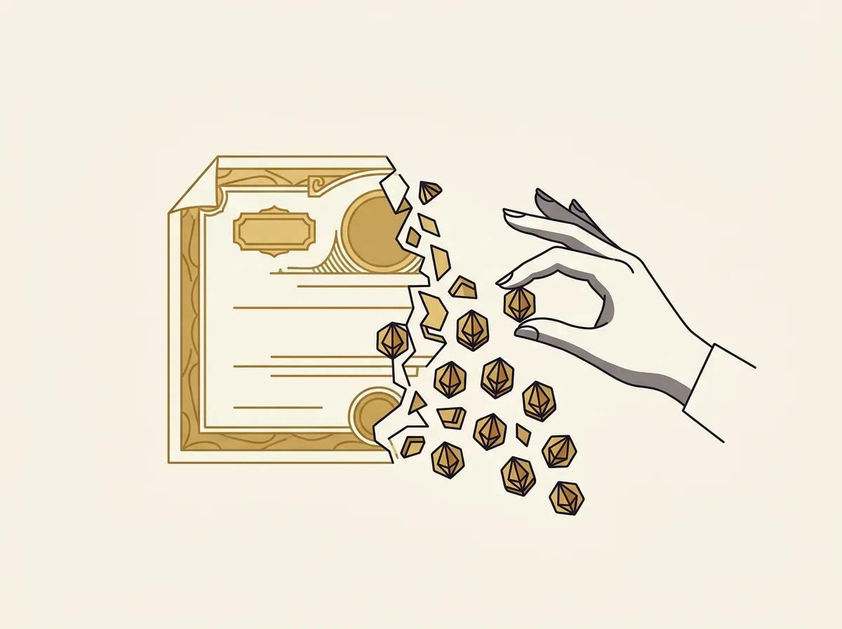 Illustration of a large stock certificate fragmenting into many small digital tokens, symbolizing fractional ownership.