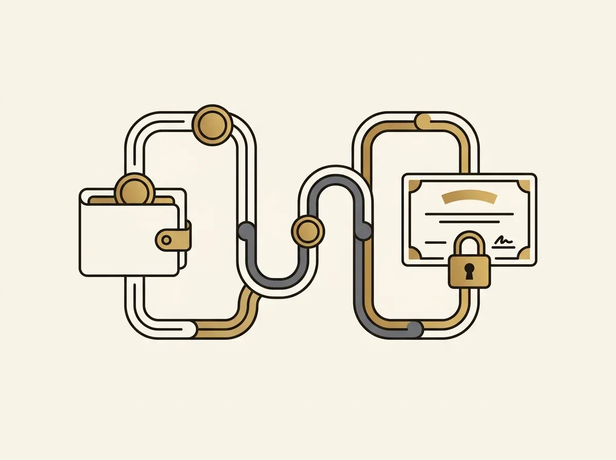 Illustration of a digital wallet sending a token along a blockchain path to a secure, tokenized stock certificate.