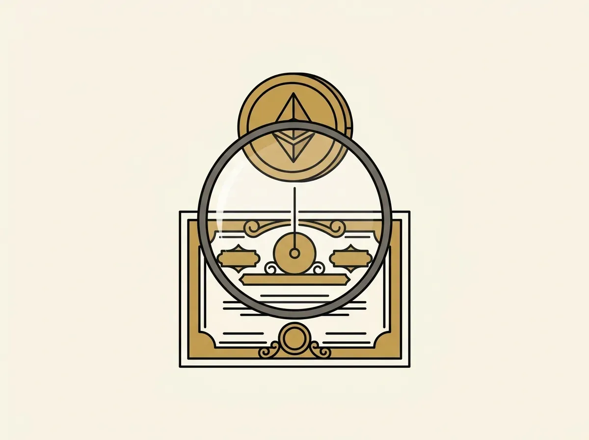 Illustration of a digital token floating above a physical stock certificate, connected by a transparent link, symbolizing 1:1 backing and transparency.