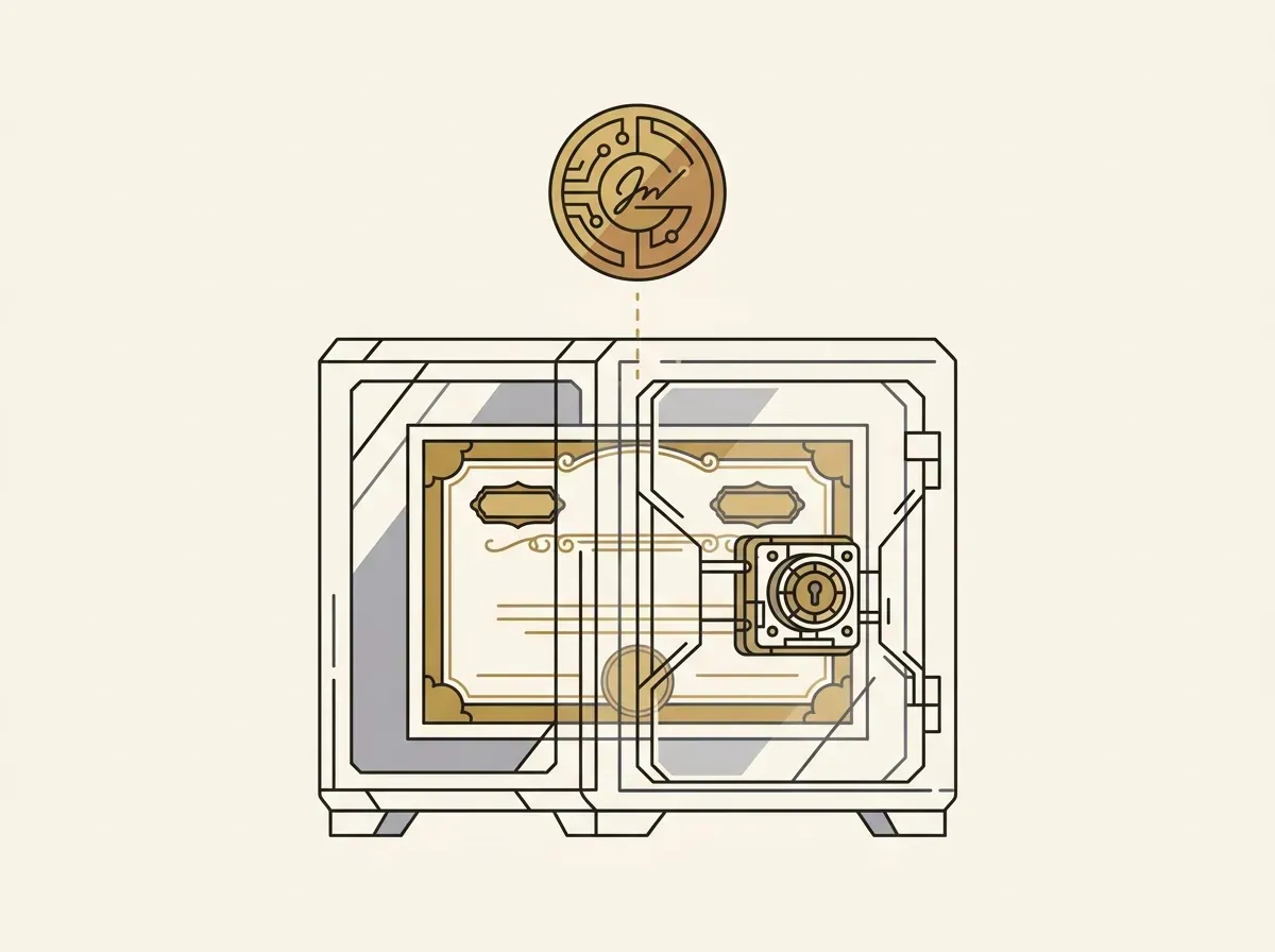 Digital token linked to a physical stock certificate in a secure digital vault, symbolizing 1:1 backing.
