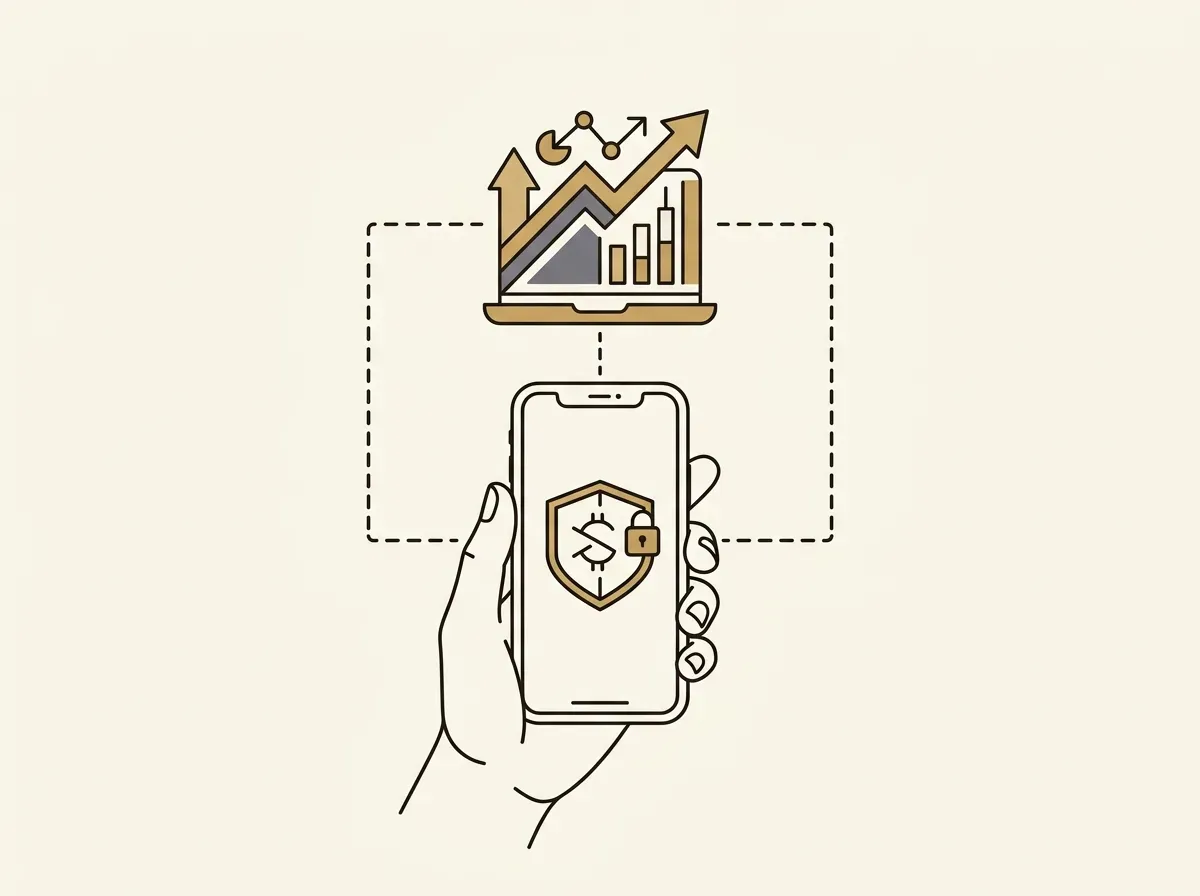 Hand holding a smartphone with a wallet icon connecting to a digital trading platform.