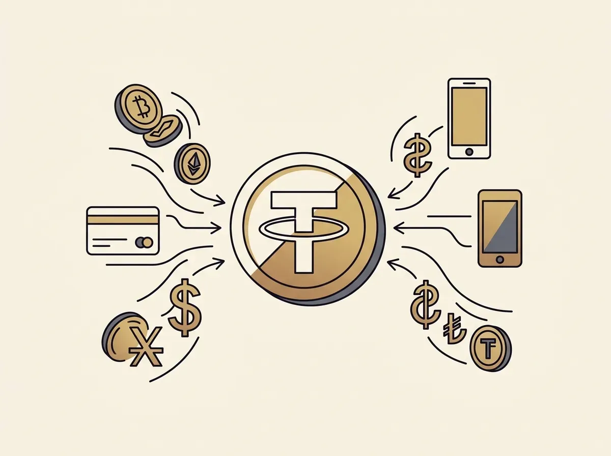 Various crypto and fiat symbols flowing into a central unified stablecoin, representing deposits.