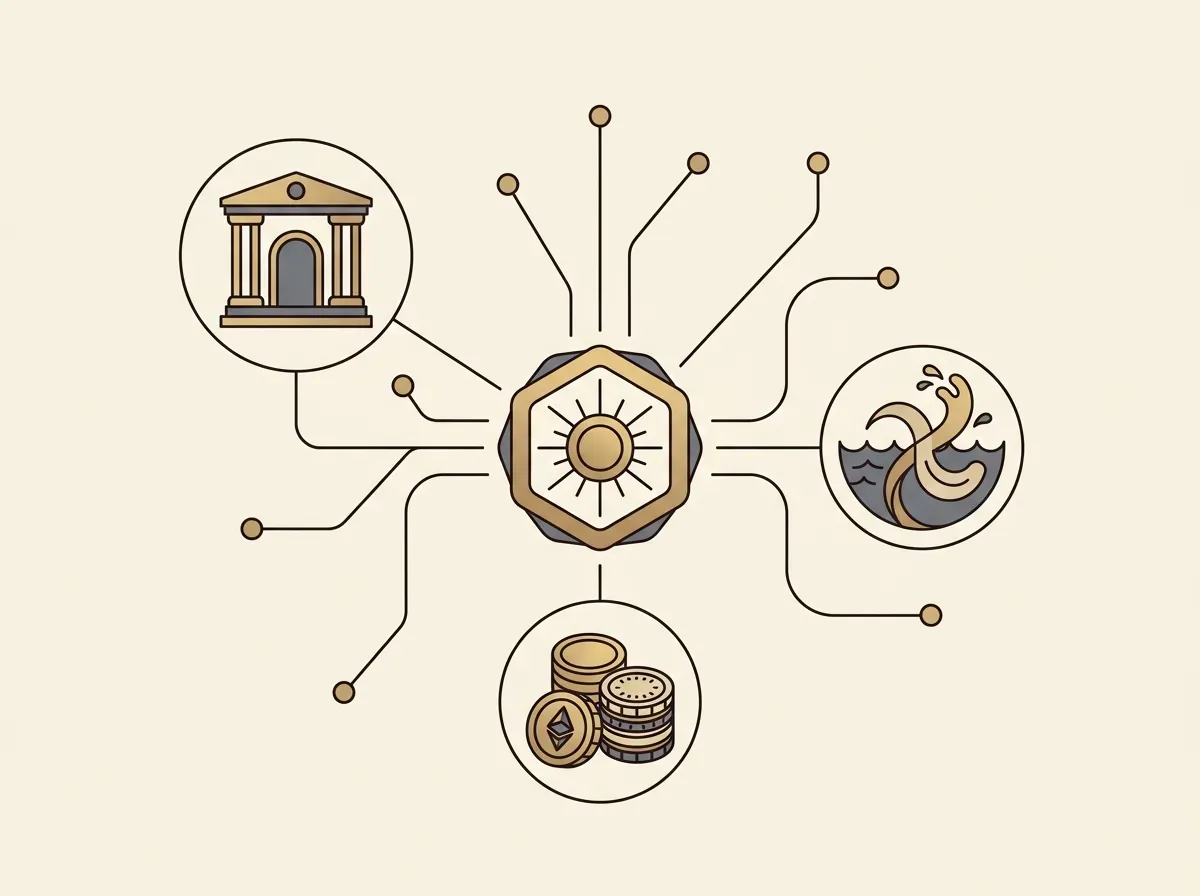 A central tokenized asset connecting to multiple DeFi protocol icons, symbolizing composability.