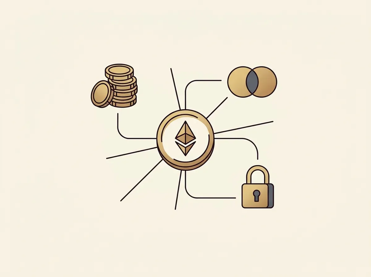 A digital token branching out to represent various DeFi applications like lending and liquidity.
