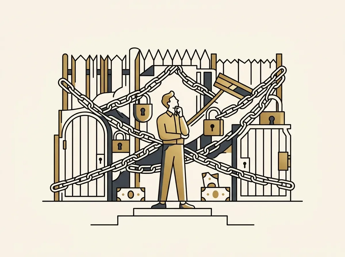 Stylized figure facing a wall of financial obstacles.