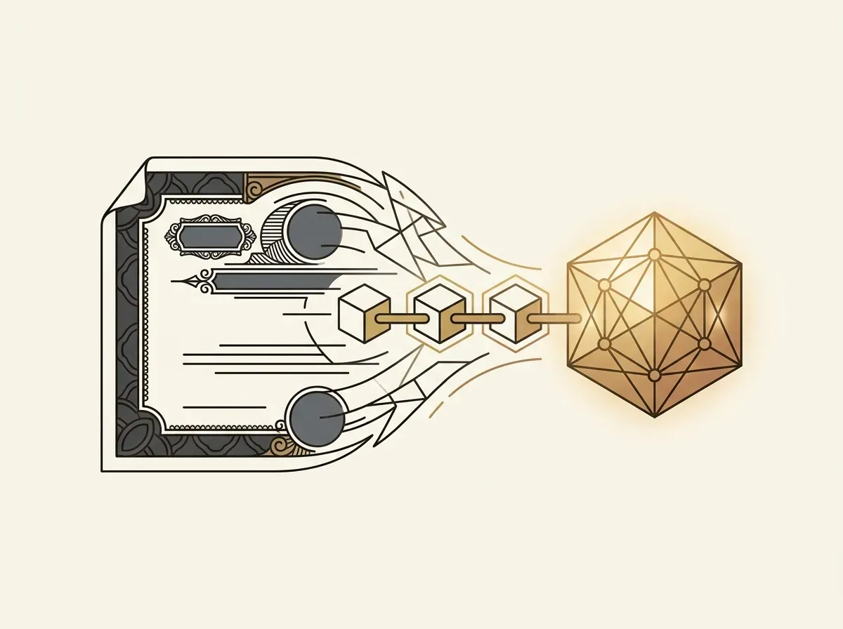 Paper stock certificate transforming into a digital, blockchain-linked token.
