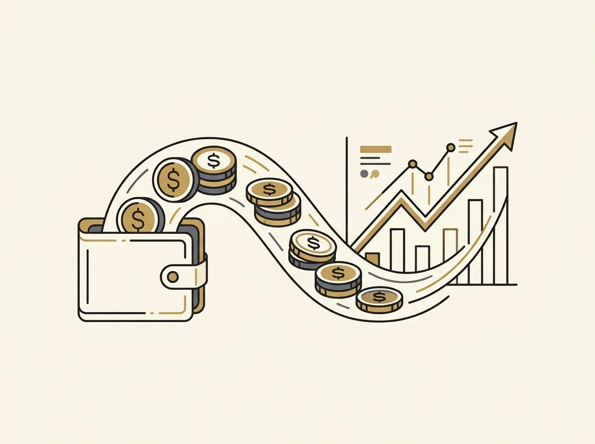 Digital wallet with stablecoins flowing into an upward-trending stock chart.