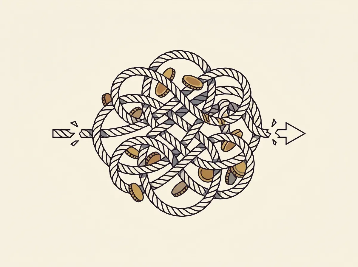 A tangled knot with coins stuck, representing the complexities and costs of traditional international investing.